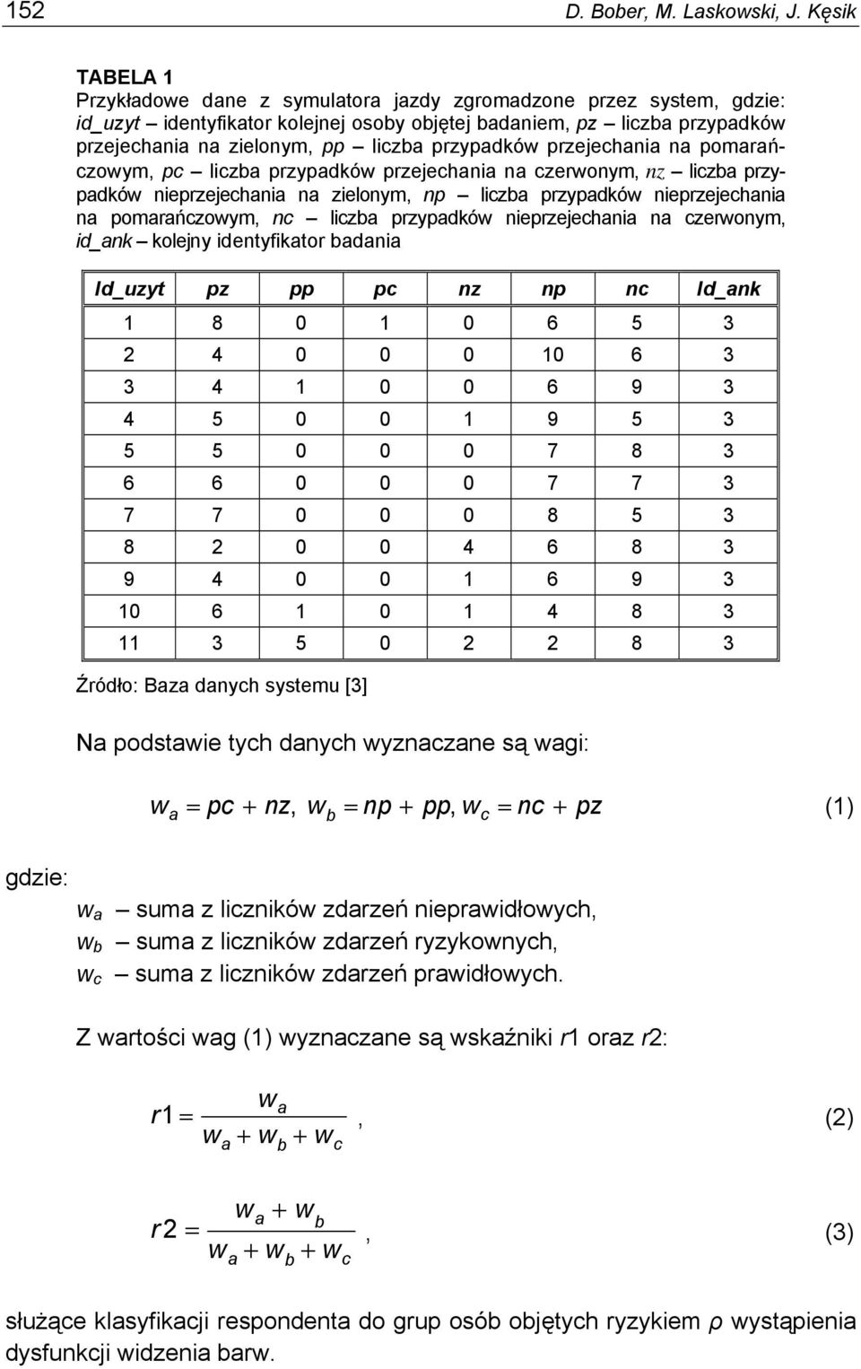 liczba przypadków przejechania na pomarańczowym, pc liczba przypadków przejechania na czerwonym, nz liczba przypadków nieprzejechania na zielonym, np liczba przypadków nieprzejechania na