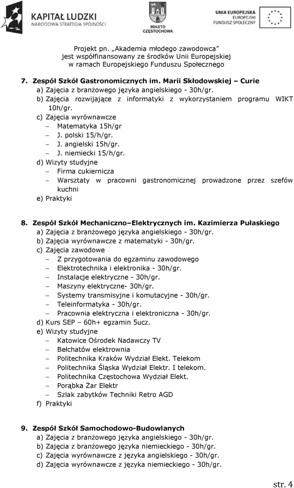 Kazimierza Pułaskiego b) Zajęcia wyrównawcze z matematyki - 30h/gr. c) Zajęcia zawodowe Z przygotowania do egzaminu zawodowego Elektrotechnika i elektronika - 30h/gr. Instalacje elektryczne - 30h/gr.