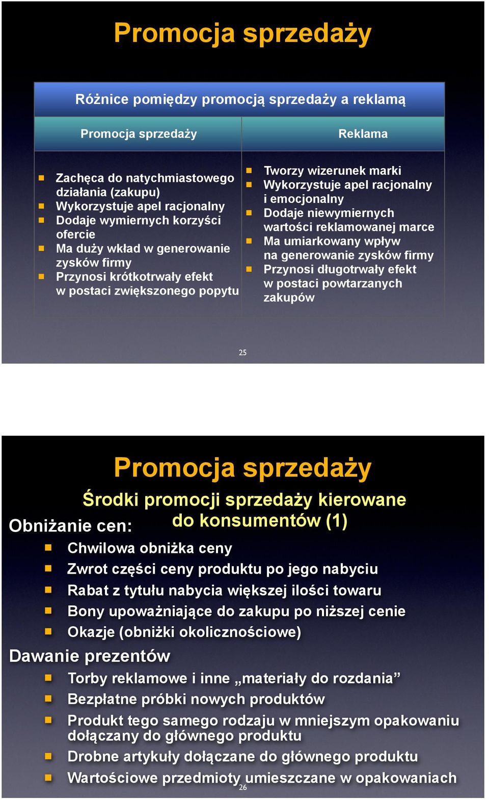 wartości reklamowanej marce Ma umiarkowany wpływ na generowanie zysków firmy Przynosi długotrwały efekt w postaci powtarzanych zakupów 25 Środki promocji sprzedaży kierowane Obniżanie cen: do