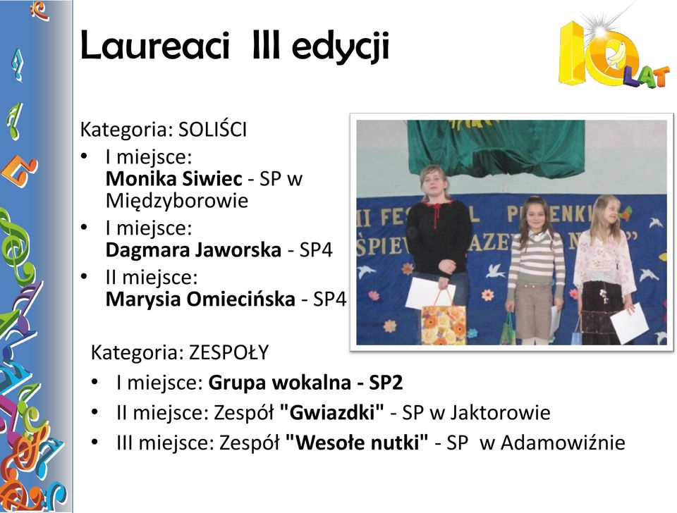 Omiecińska - SP4 Kategoria: ZESPOŁY I miejsce: Grupa wokalna - SP2 II
