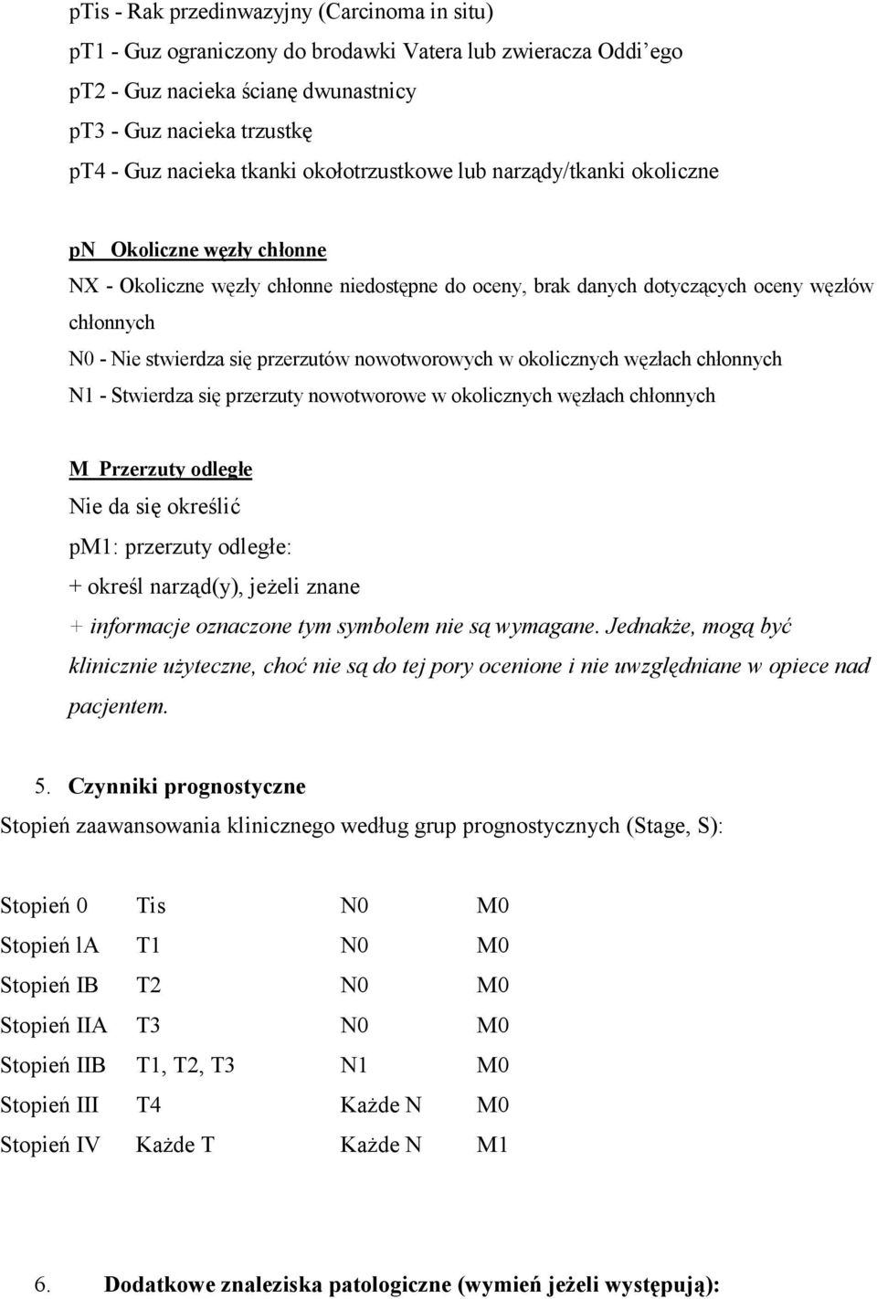 przerzutów nowotworowych w okolicznych węzłach chłonnych N1 - Stwierdza się przerzuty nowotworowe w okolicznych węzłach chłonnych M Przerzuty odległe Nie da się określić pm1: przerzuty odległe: +