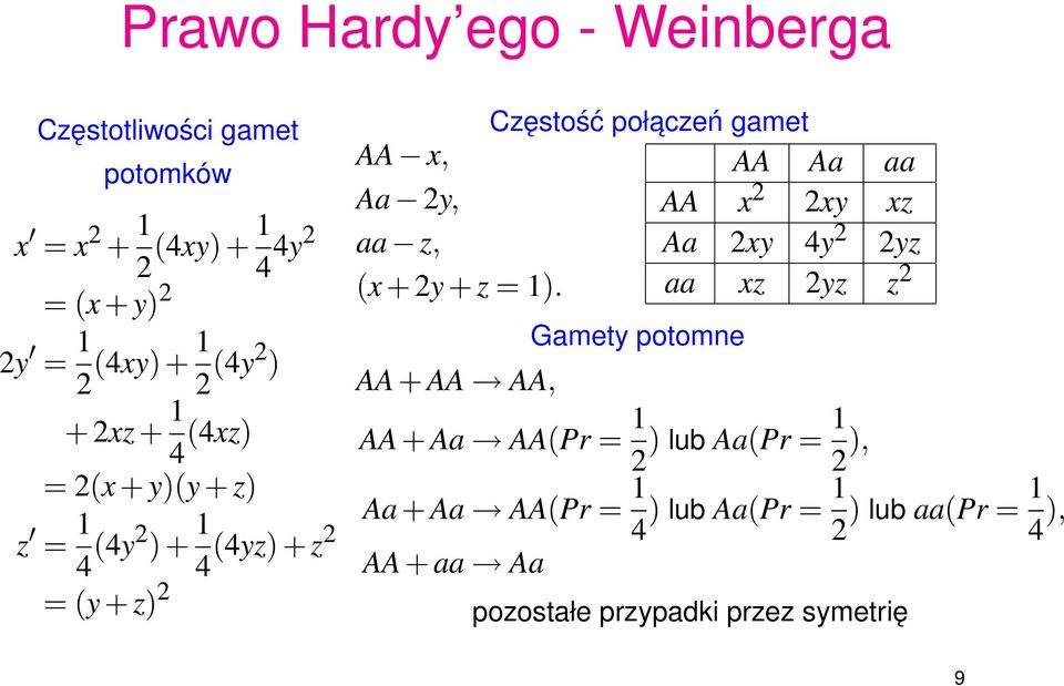 AA + AA AA, Częstość połaczeń gamet Gamety potomne AA Aa aa AA x 2 2xy xz Aa 2xy 4y 2 2yz aa xz 2yz z 2 AA + Aa AA(Pr = 1 2