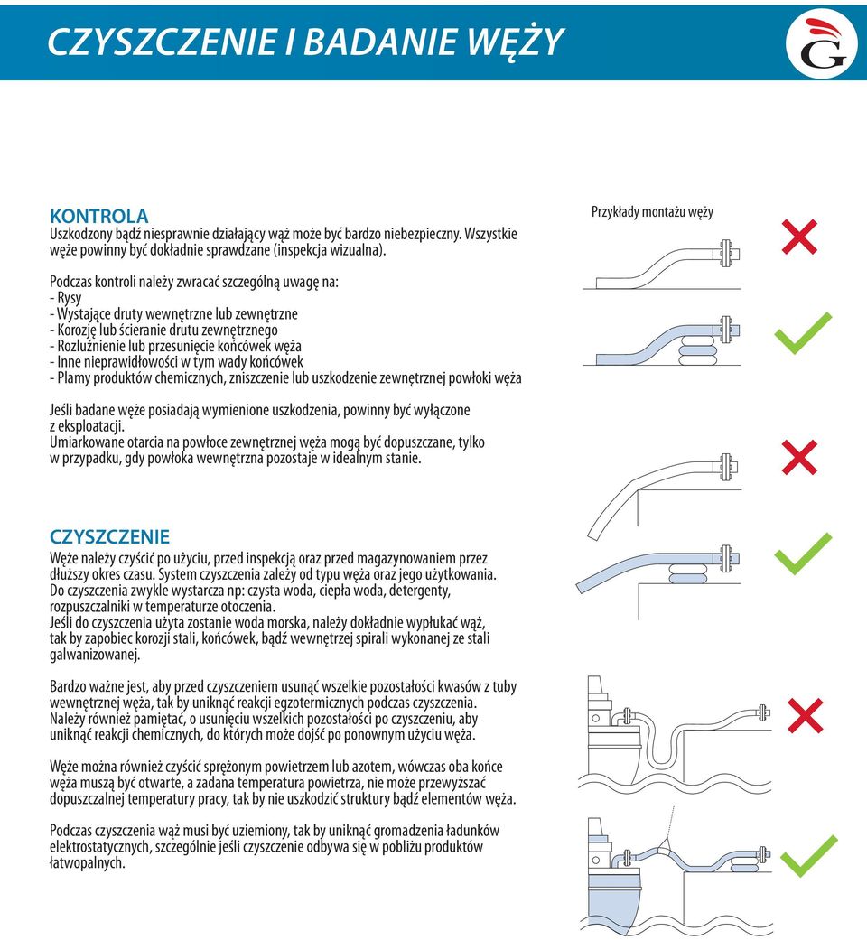 przesunięcie końcówek węża - Inne nieprawidłowości w tym wady końcówek - Plamy produktów chemicznych, zniszczenie lub uszkodzenie zewnętrznej powłoki węża Jeśli badane węże posiadają wymienione