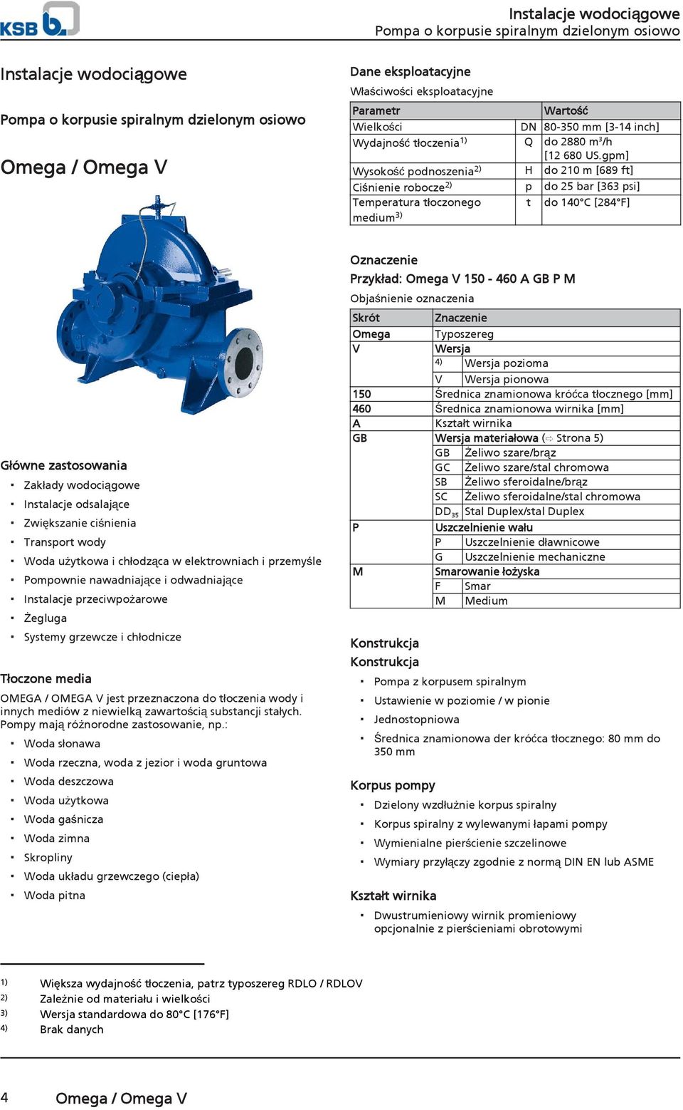 gpm] Wyskść pdnszenia 2) H d 210 m [689 ft] Ciśnienie rbcze 2) p d 25 bar [363 psi] Temperatura tłczneg medium 3) t d 140 C [284 F] Główne zastswania Zakłady wdciągwe Instalacje dsalające Zwiększanie