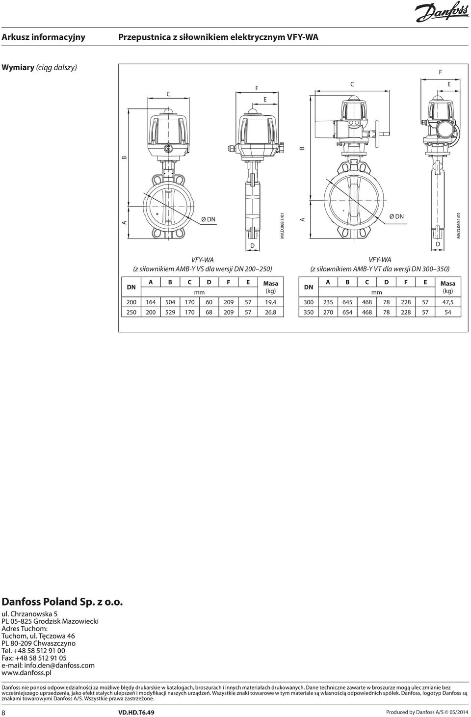 D VFY-WA (z siłownikiem AMB-Y VT dla wersji 300 350) A B C D F E Masa (kg) mm 300 235 645