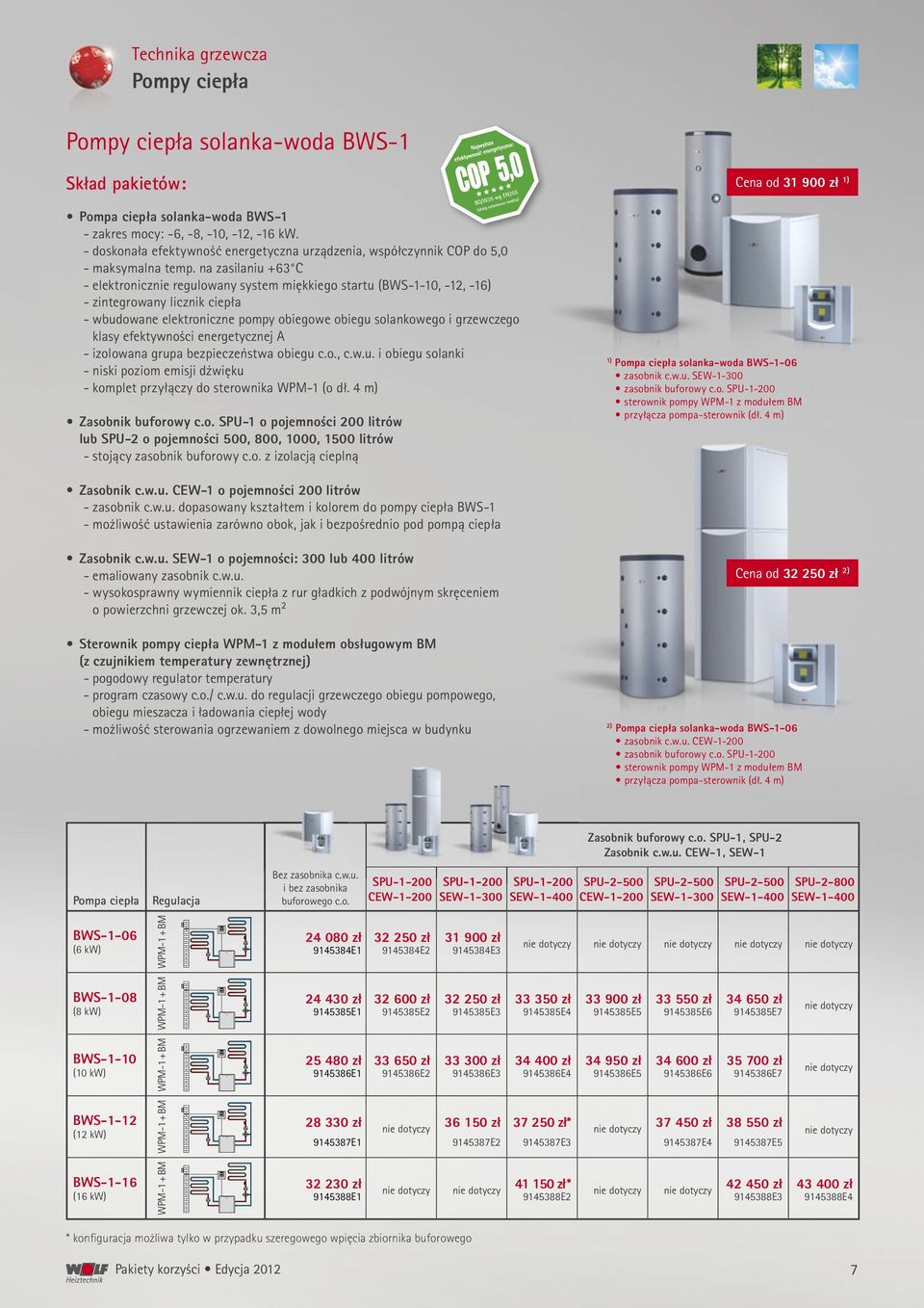 na zasilaniu +63 C - elektronicznie regulowany system miękkiego startu (BWS-1-10, -12, -16) - zintegrowany licznik ciepła - wbudowane elektroniczne pompy obiegowe obiegu solankowego i grzewczego