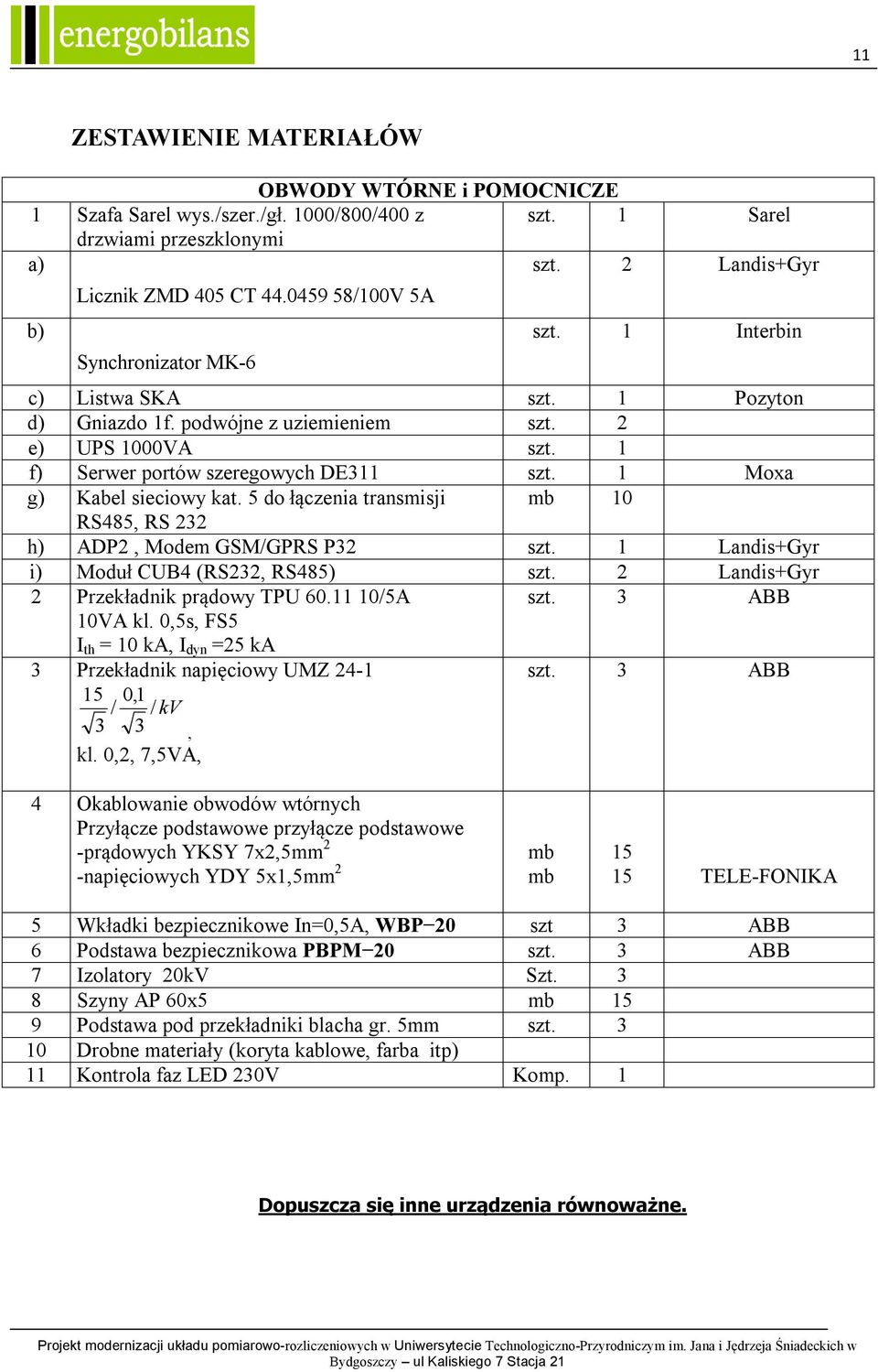 1 Moxa g) Kabel sieciowy kat. 5 do łączenia transmisji mb 10 RS485, RS 232 h) ADP2, Modem GSM/GPRS P32 szt. 1 Landis+Gyr i) Moduł CUB4 (RS232, RS485) szt. 2 Landis+Gyr 2 Przekładnik prądowy TPU 60.