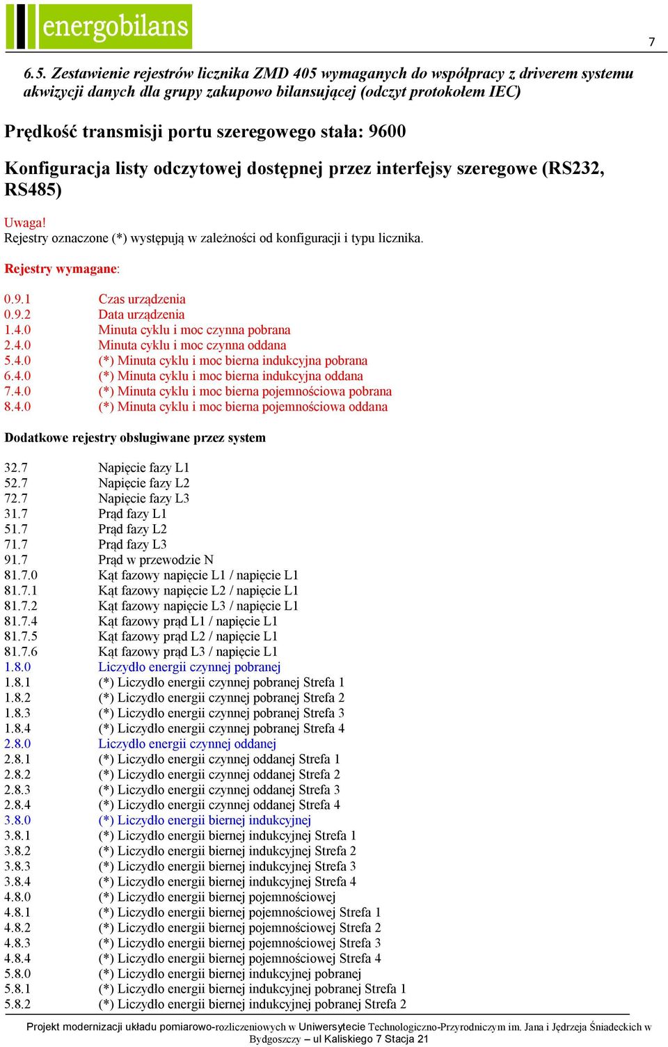 9600 Konfiguracja listy odczytowej dostępnej przez interfejsy szeregowe (RS232, RS485) Uwaga! Rejestry oaczone (*) występują w zależności od konfiguracji i typu licika. Rejestry wymagane: 0.9.1 Czas urządzenia 0.