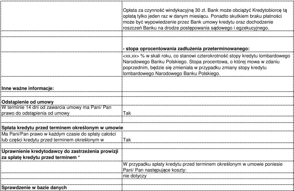 - stopa oprocentowania zadłużenia przeterminowanego: <xx,xx> % w skali roku, co stanowi czterokrotność stopy kredytu lombardowego Narodowego Banku Polskiego.