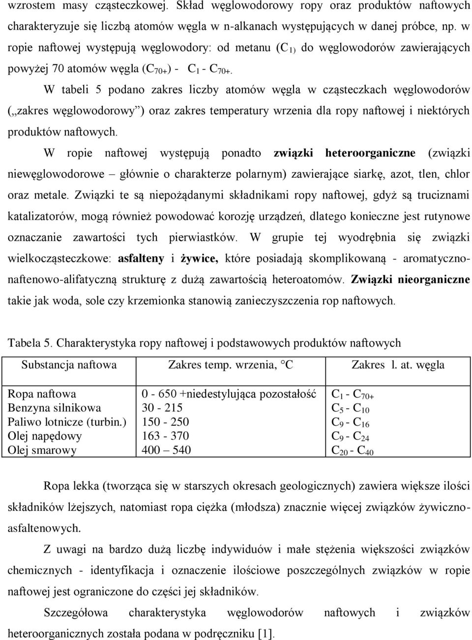 W tabeli 5 podano zakres liczby atomów węgla w cząsteczkach węglowodorów ( zakres węglowodorowy ) oraz zakres temperatury wrzenia dla ropy naftowej i niektórych produktów naftowych.