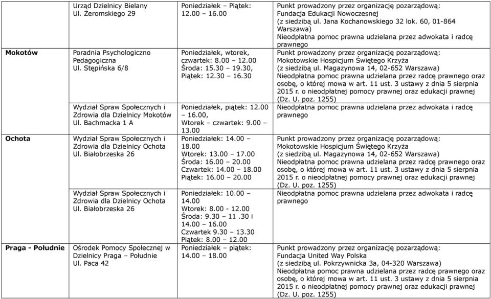 00 12.00 Środa: 15.30 19.30, Piątek: 12.30 16.30 Poniedziałek, piątek: 12.00 16.00, Wtorek czwartek: 9.00 13.00 Poniedziałek: 14.00 18.00 Wtorek: 13.00 17.00 Środa: 16.00 20.00 Czwartek: 14.00 18.00 Piątek: 16.