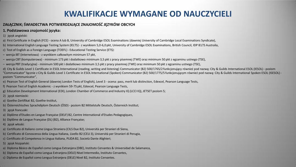 Syndicate), b) International English Language Testing System (IELTS) - z wynikiem 5,0-6,0 pkt, University of Cambridge ESOL Examinations, British Council, IDP IELTS Australia, c) Test of English as a