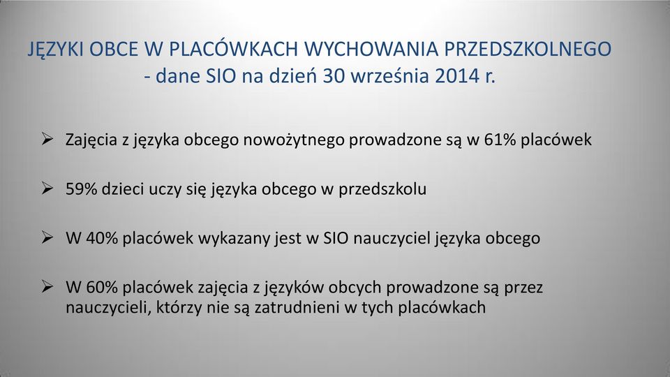 obcego w przedszkolu W 40% placówek wykazany jest w SIO nauczyciel języka obcego W 60%