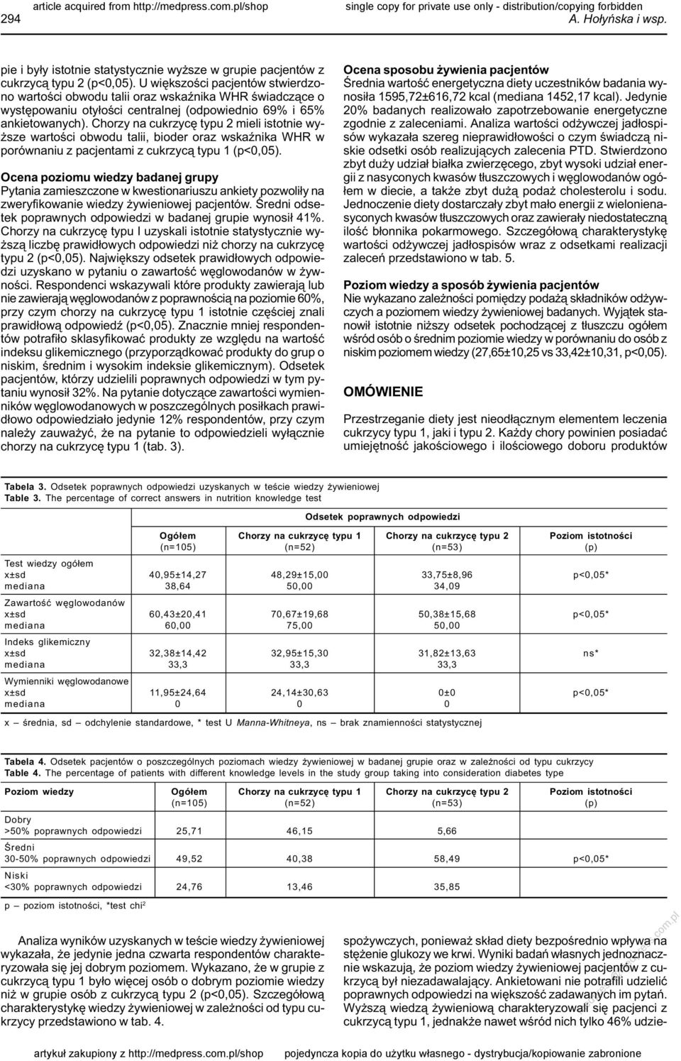 Wyższą wiedzą żywieniową charakteryzowali się pacjenci z cukrzycą typu 1, jednakże nawet wśród nich tylko 46% udziearticle acquired from http://medpress.com.pl/shop 294 A. Hołyńska i wsp.