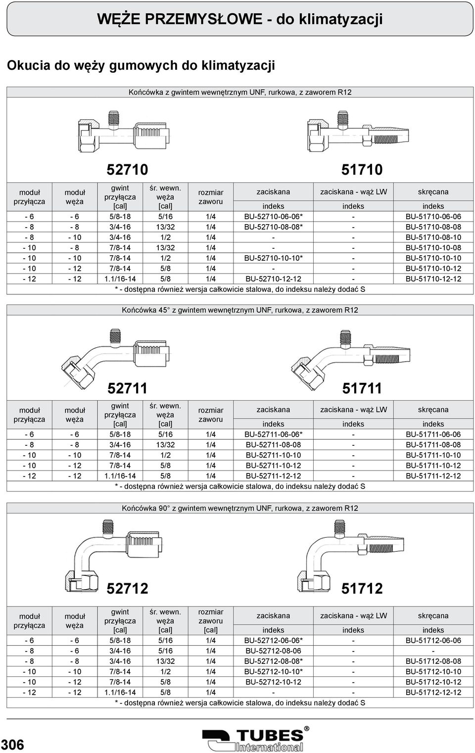 1/16-14 5/8 1/4 BU-52710-12-12 - BU-51710-12-12 Końcówka 45 z em wewnętrznym UNF, rurkowa, z zaworem R12 52711 51711-6 - 6 5/8-18 5/16 1/4 BU-52711-06-06* - BU-51711-06-06-8 - 8 3/4-16 13/32 1/4