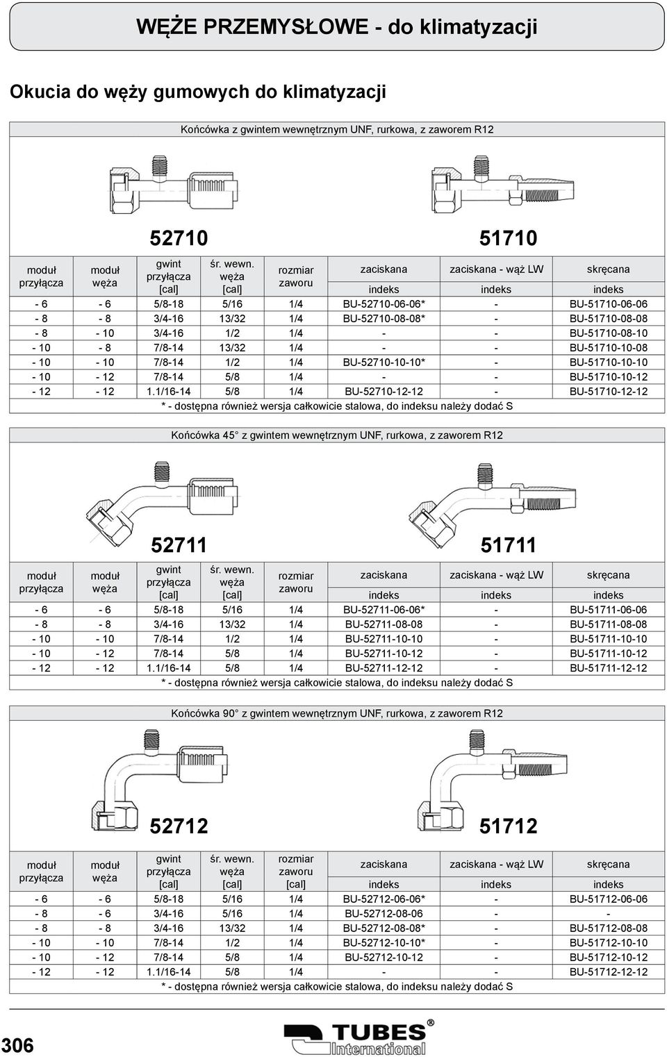 1/16-14 5/8 1/4 BU-52710-12-12 - BU-51710-12-12 Końcówka 45 z em wewnętrznym UNF, rurkowa, z zaworem R12 52711 51711-6 - 6 5/8-18 5/16 1/4 BU-52711-06-06* - BU-51711-06-06-8 - 8 3/4-16 13/32 1/4