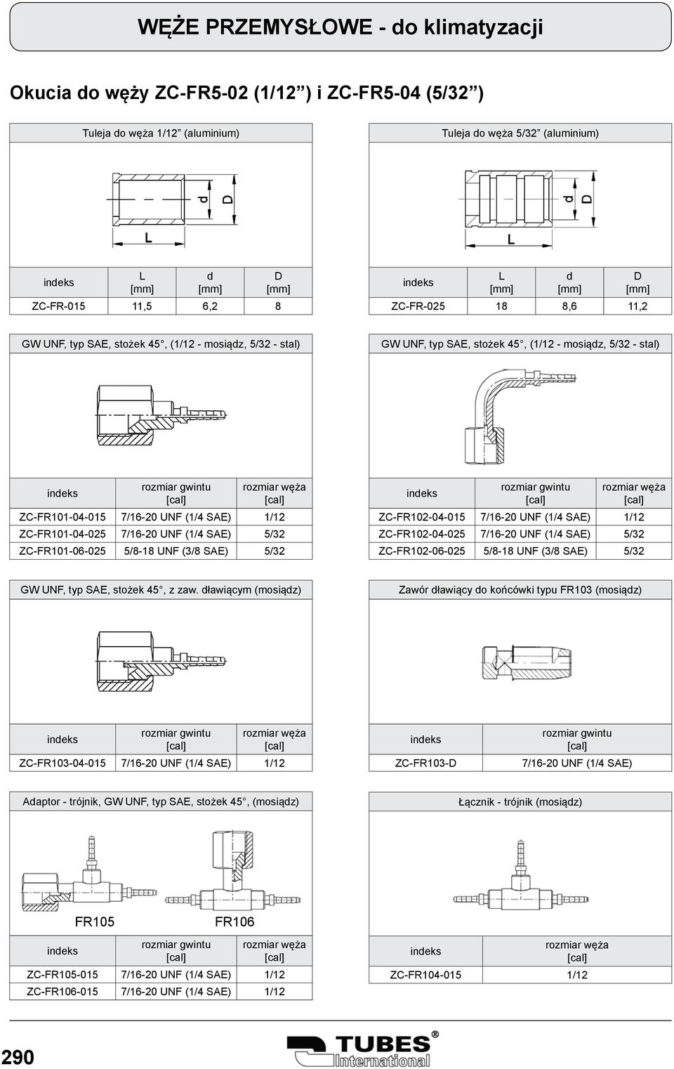 SAE) 5/32 u ZC-FR102-04-015 7/16-20 UNF (1/4 SAE) 1/12 ZC-FR102-04-025 7/16-20 UNF (1/4 SAE) 5/32 ZC-FR102-06-025 5/8-18 UNF (3/8 SAE) 5/32 GW UNF, typ SAE, stożek 45, z zaw.