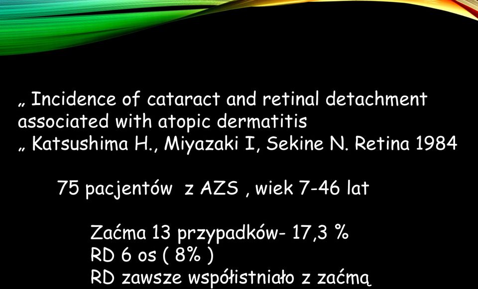Retina 1984 75 pacjentów z AZS, wiek 7-46 lat Zaćma 13