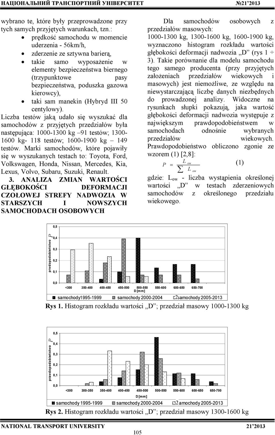 (Hybryd III 50 cetylowy). Lczba testów jaką udało sę wyszukać dla samochodów z przyjętych przedzałów była astępująca: 1000-1 kg 91 testów; 1-1 kg- 118 testów; 1-1900 kg 149 testów.