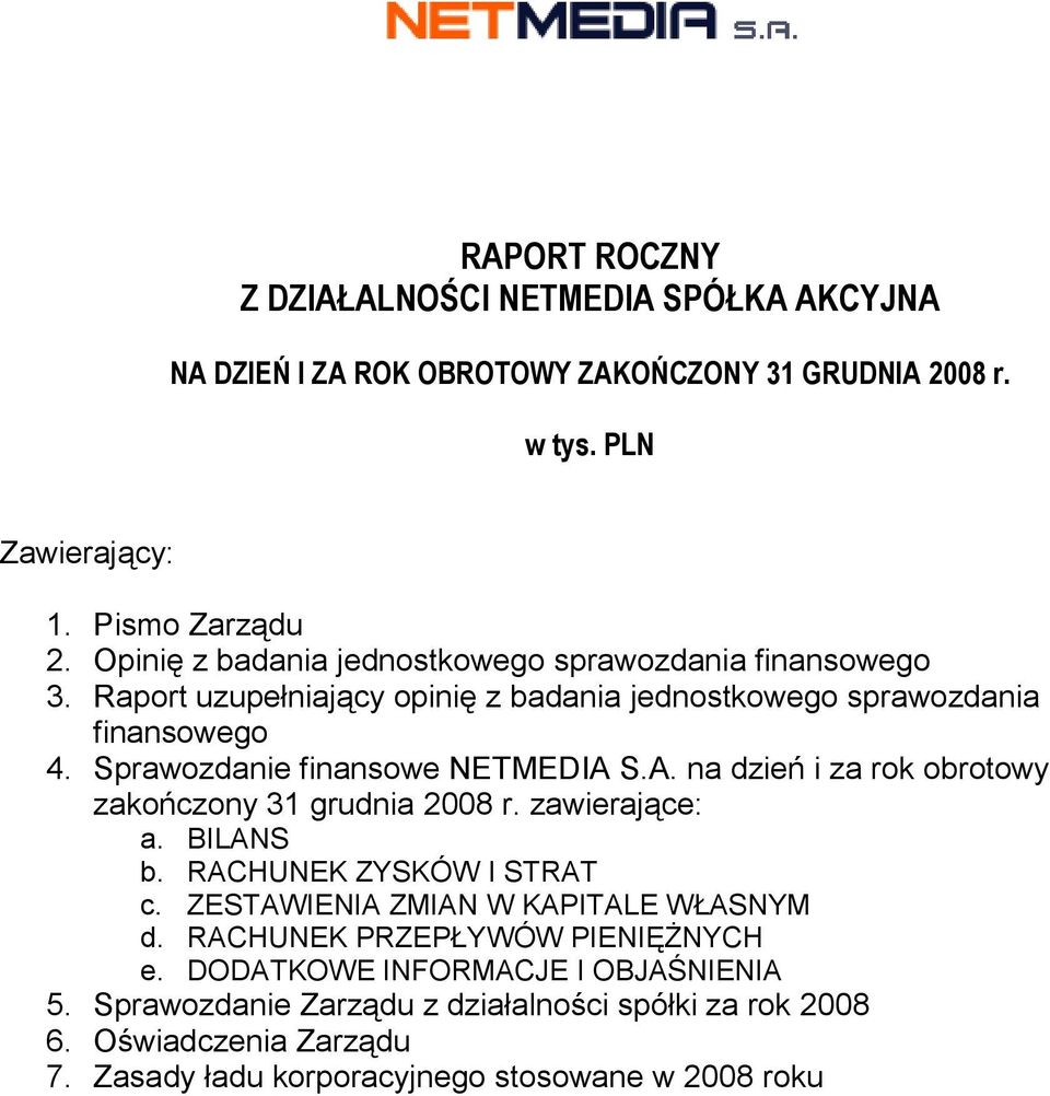 Sprawozdanie finansowe NETMEDIA S.A. na dzień i za rok obrotowy zakończony 31 grudnia 2008 r. zawierające: a. BILANS b. RACHUNEK ZYSKÓW I STRAT c.