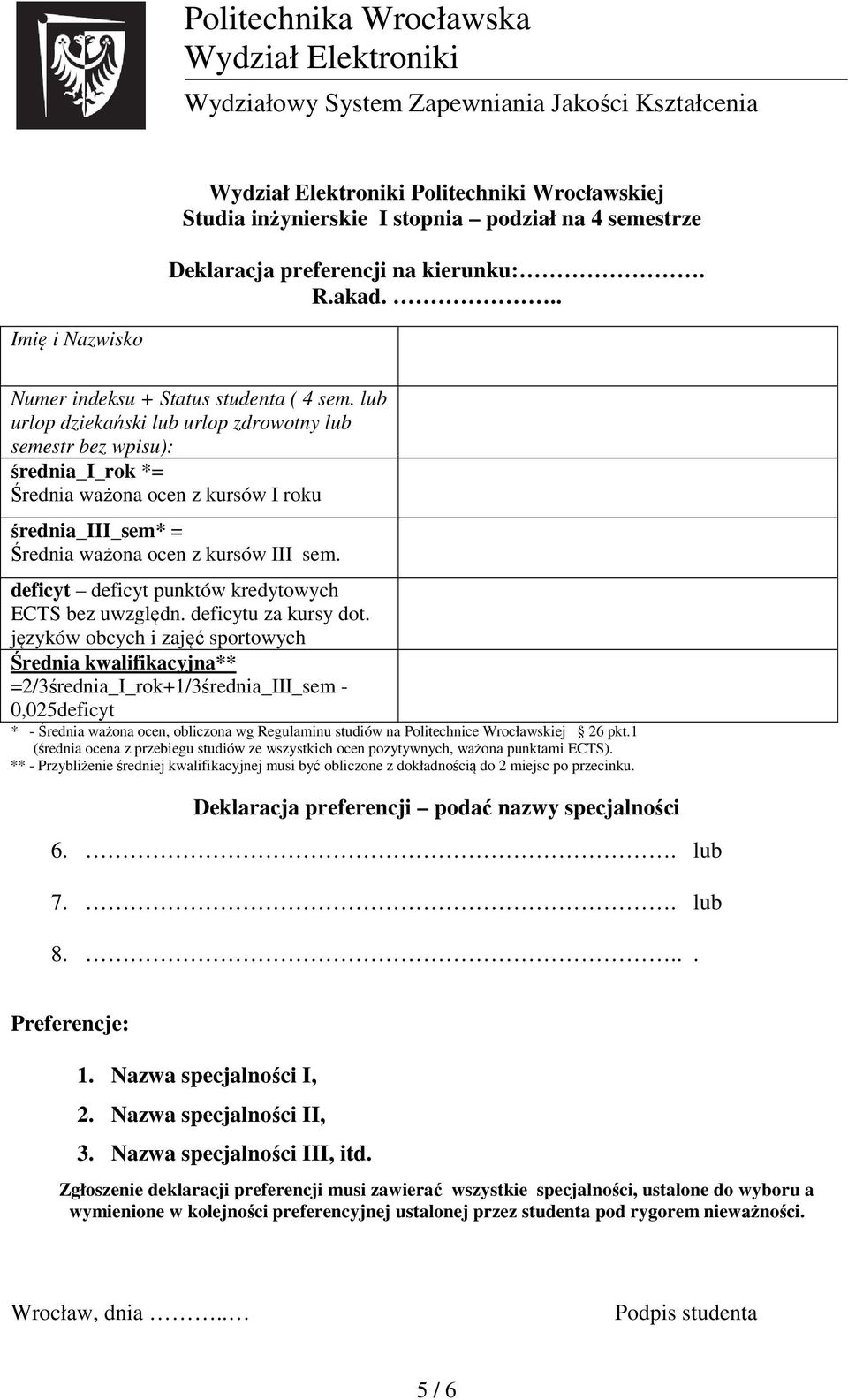 deficyt deficyt punktów kredytowych ECTS bez uwzględn. deficytu za kursy dot.
