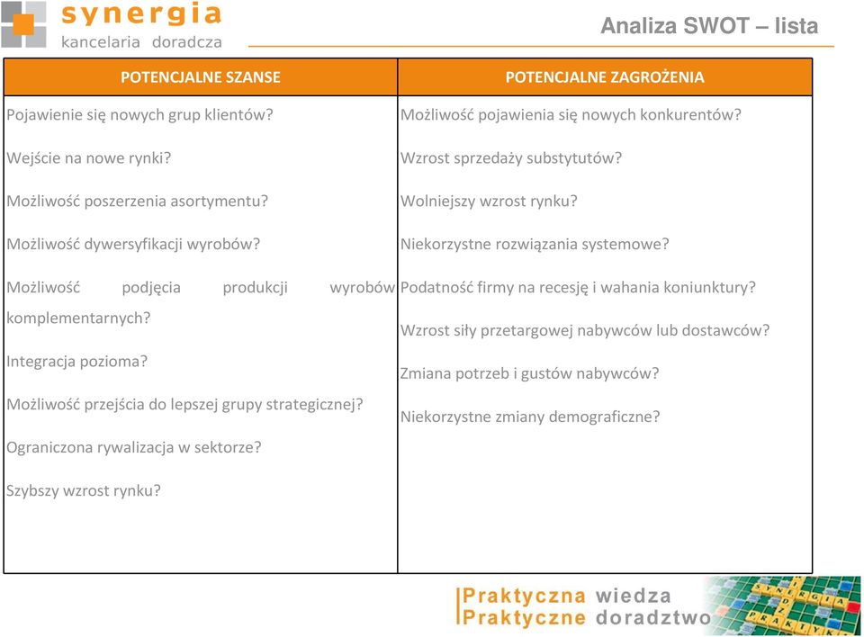 Możliwość podjęcia produkcji wyrobów Podatność firmy na recesję i wahania koniunktury? komplementarnych? Integracja pozioma?