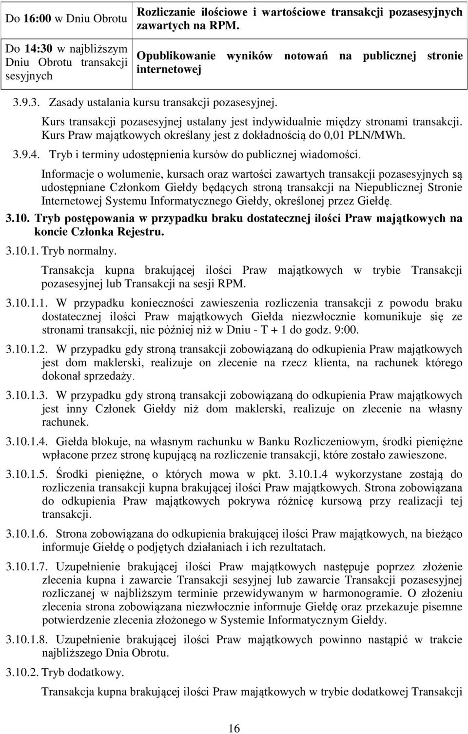 Kurs transakcji pozasesyjnej ustalany jest indywidualnie między stronami transakcji. Kurs Praw majątkowych określany jest z dokładnością do 0,01 PLN/MWh. 3.9.4.