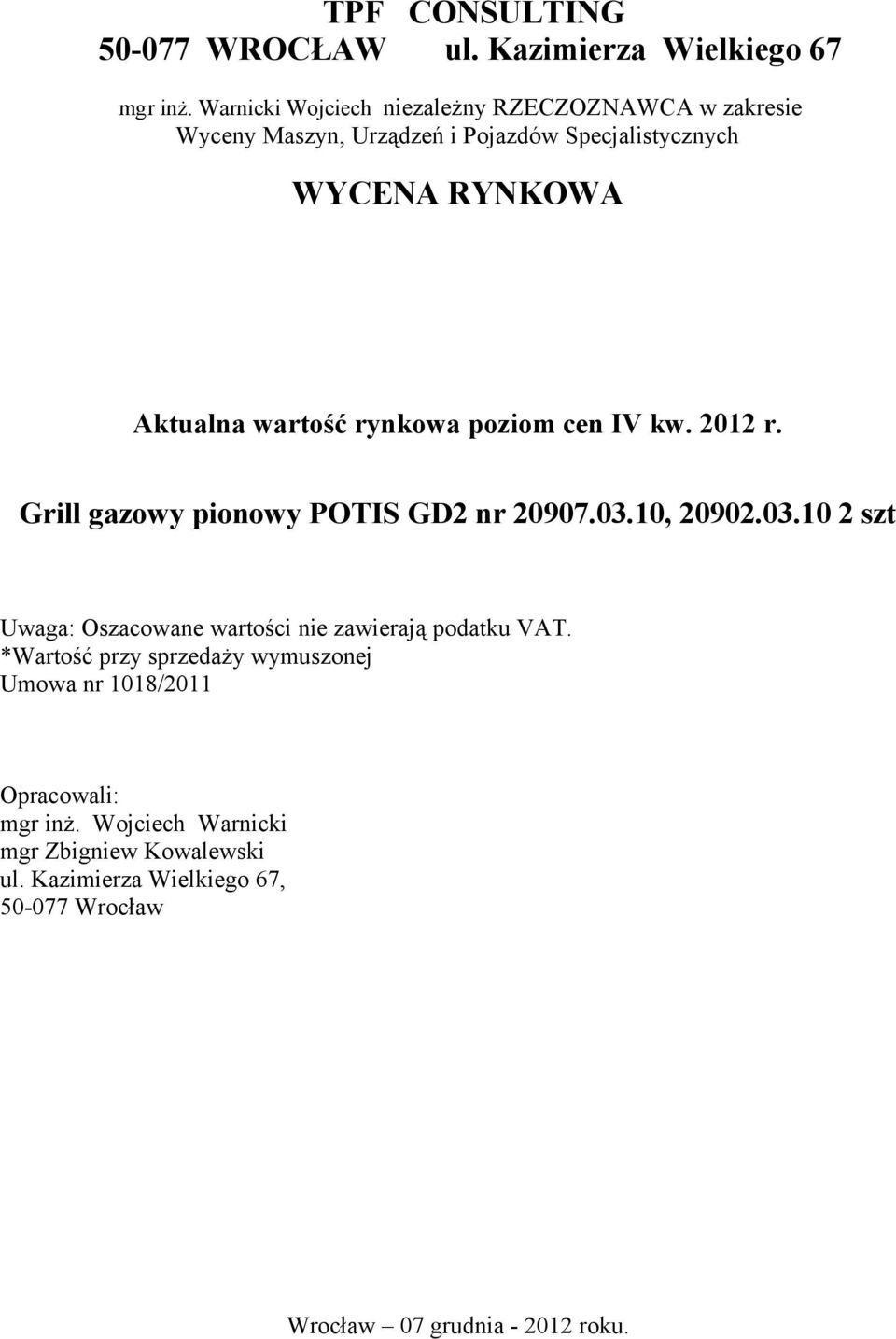 rynkowa poziom cen IV kw. 2012 r. Grill gazowy pionowy POTIS GD2 nr 20907.03.