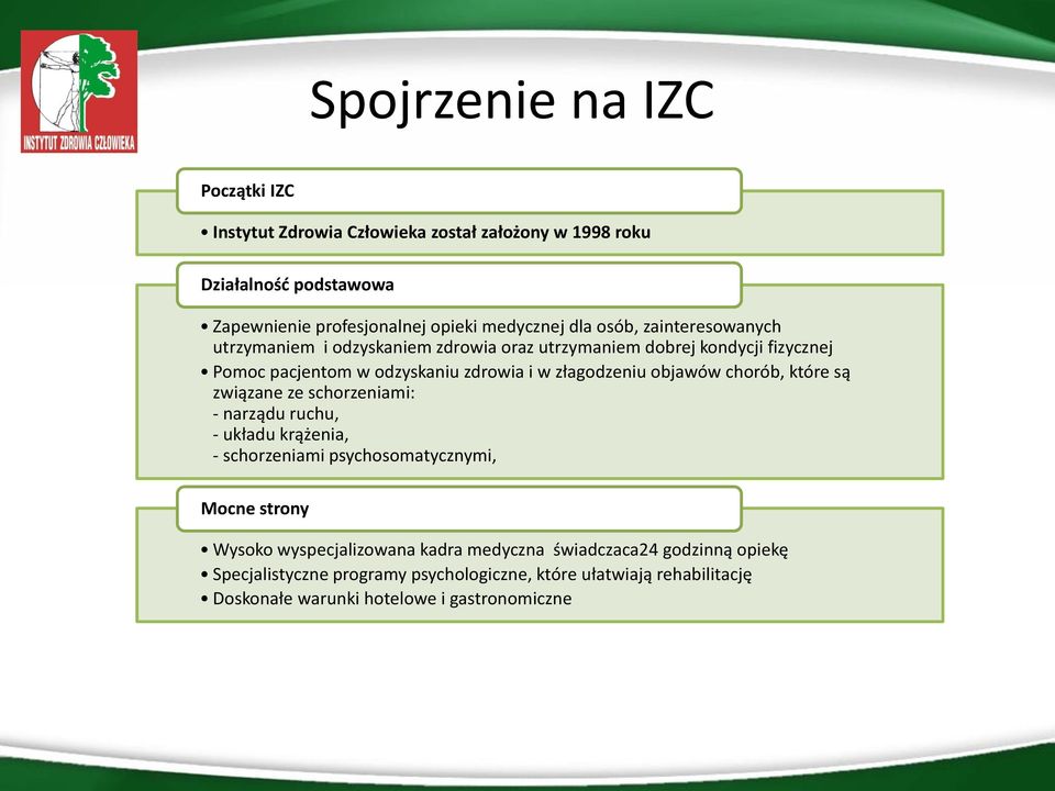 objawów chorób, które są związane ze schorzeniami: - narządu ruchu, - układu krążenia, - schorzeniami psychosomatycznymi, Mocne strony Wysoko