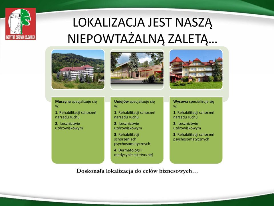 Rehabilitacji schorzeniach psychosomatycznych 4. Dermatologii i medycynie estetycznej Wysowa specjalizuje się w: 1.