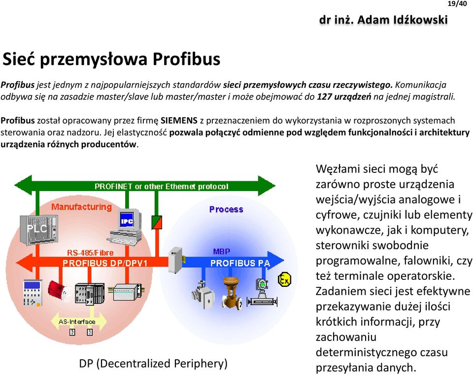 Profibus został opracowany przez firmę SIEMENS z przeznaczeniem do wykorzystania w rozproszonych systemach sterowania oraz nadzoru.