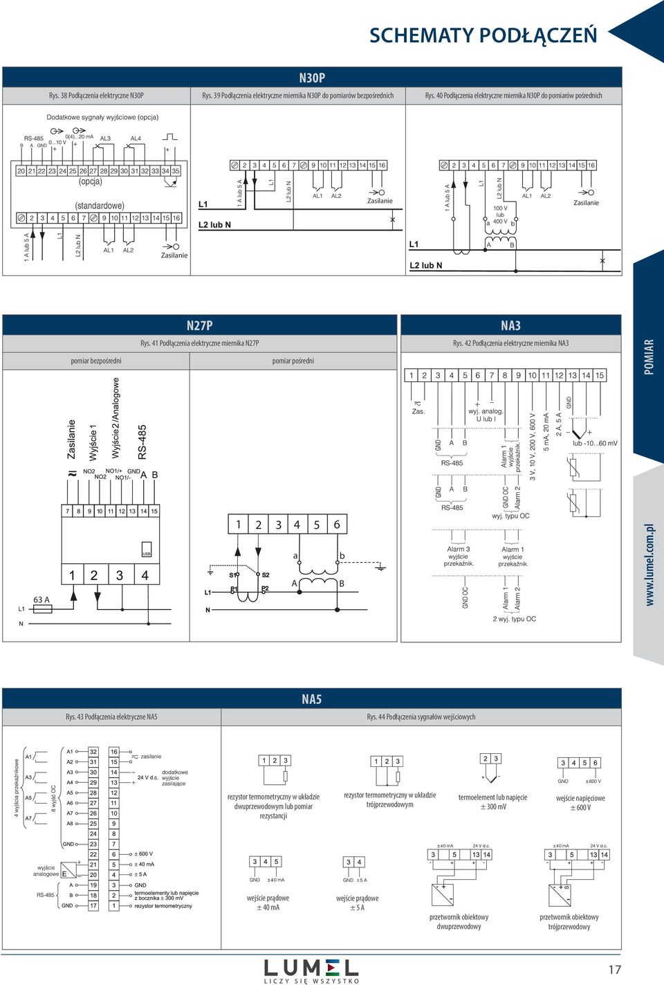 4 odłączenia elektryczne miernika N7 pomiar pośredni Rys. 4 odłączenia elektryczne miernika NA3 OMIAR 63 A 3 4 5 6 a b A B www.lumel.com.pl Rys. 43 odłączenia elektryczne NA5 NA5 Rys.