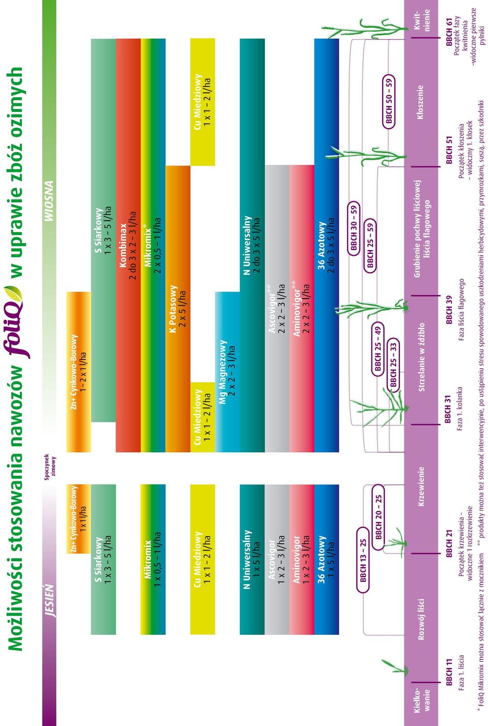 Ascovigor** 2 x 2 3 l/ha Aminovigor** 2 x 2 3 l/ha S Siarkowy 1 x 3 5 l/ha Kombimax 2 do 3 x 2 3 l/ha Mikromix* 2 x 0,5 1 l/ha N Uniwersalny 2 do 3 x 5 l/ha 36 Azotowy 2 do 3 x 5 l/ha Cu Miedziowy 1