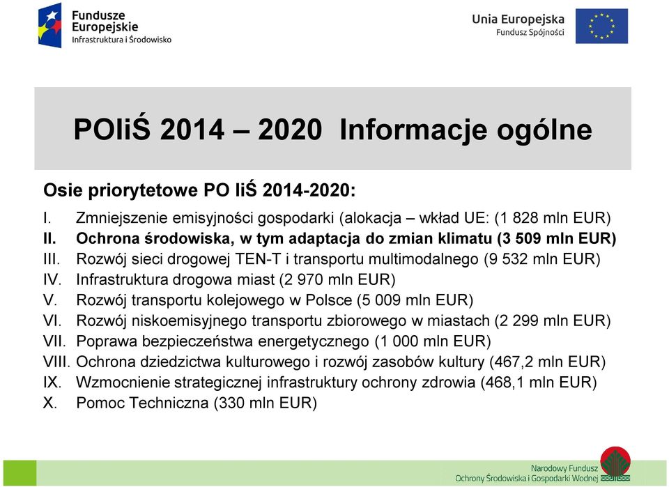 Infrastruktura drogowa miast (2 970 mln EUR) V. Rozwój transportu kolejowego w Polsce (5 009 mln EUR) VI. Rozwój niskoemisyjnego transportu zbiorowego w miastach (2 299 mln EUR) VII.