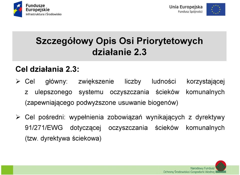 ścieków komunalnych (zapewniającego podwyższone usuwanie biogenów) Cel pośredni: