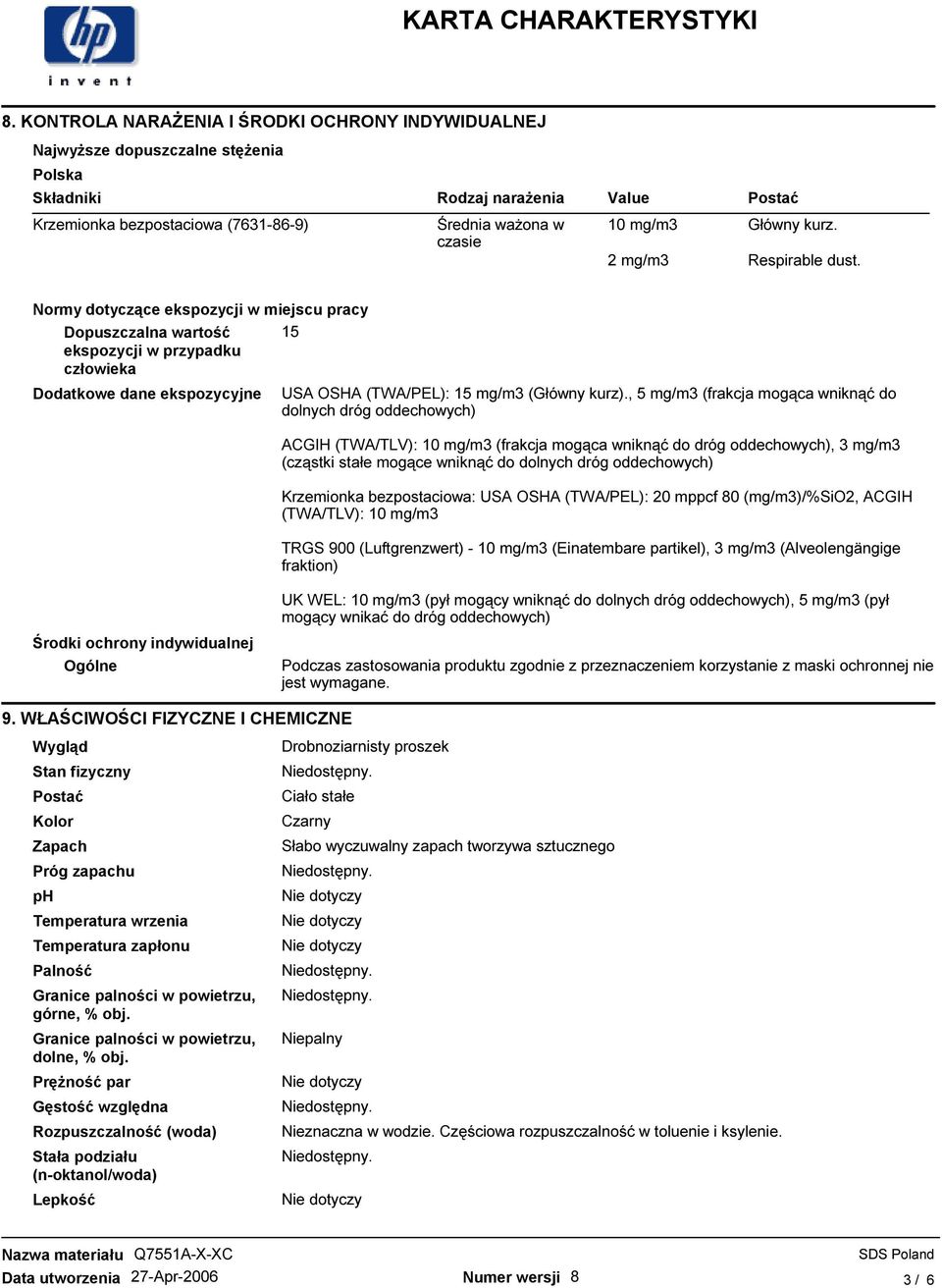Normy dotyczące ekspozycji w miejscu pracy Dopuszczalna wartość 15 ekspozycji w przypadku człowieka Dodatkowe dane ekspozycyjne USA OSHA (TWA/PEL): 15 mg/m3 (Główny kurz).