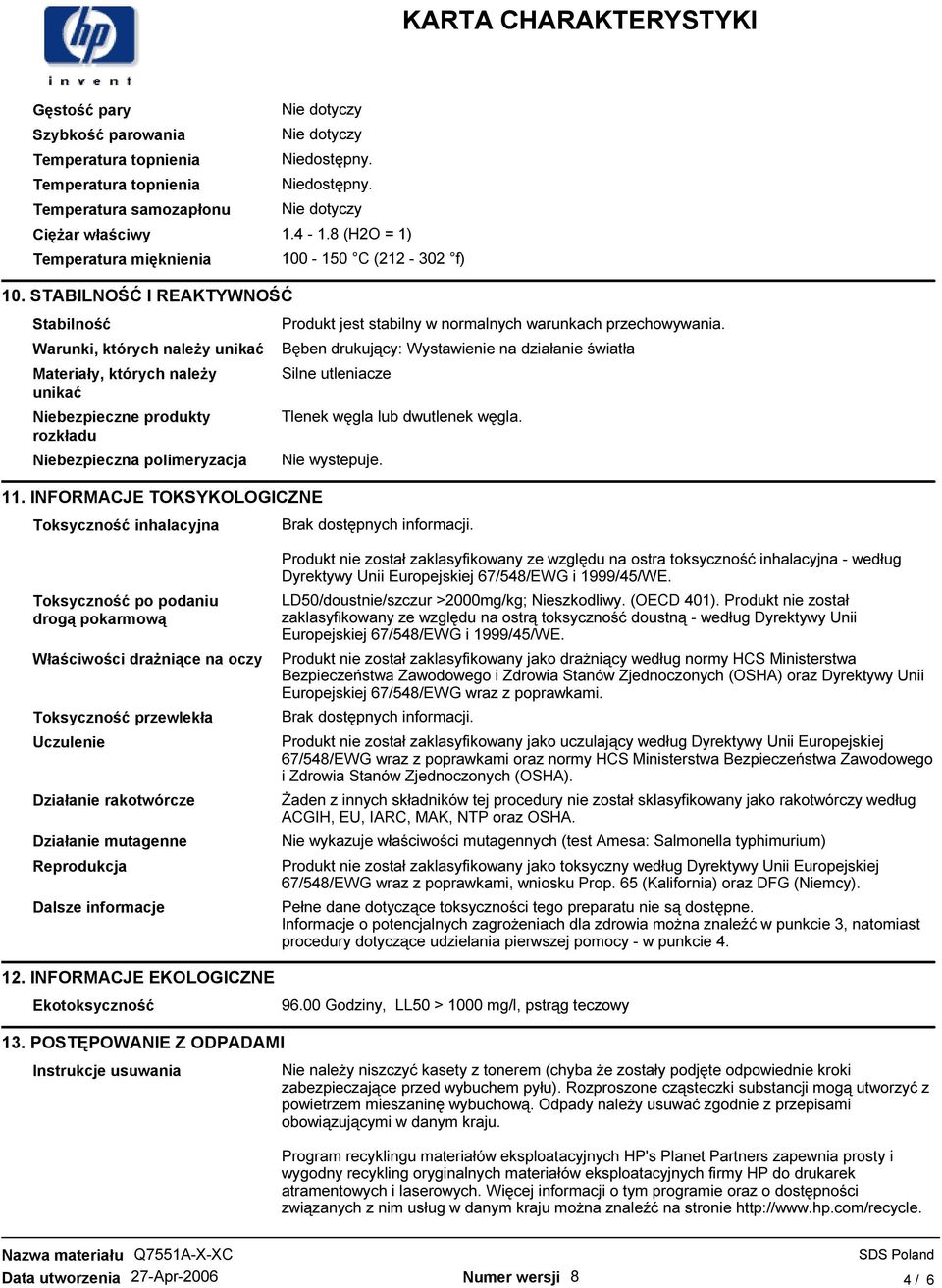 INFORMACJE TOKSYKOLOGICZNE Toksyczność inhalacyjna 100-150 C (212-302 f) Produkt jest stabilny w normalnych warunkach przechowywania.