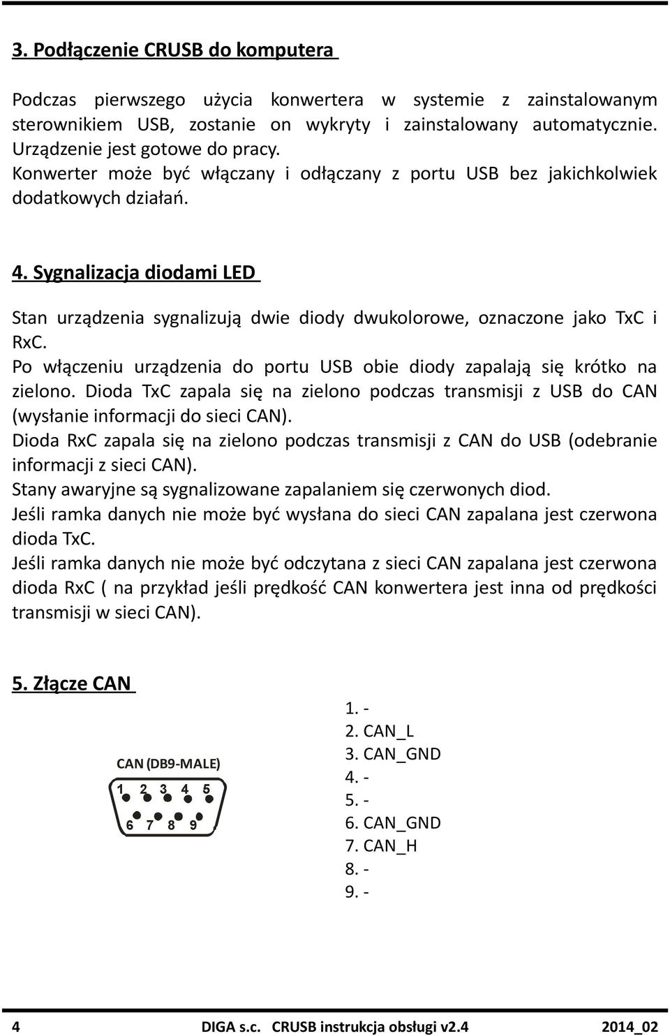 Po włączeniu urządzenia do portu USB obie diody zapalają się krótko na zielono. Dioda TxC zapala się na zielono podczas transmisji z USB do CAN (wysłanie informacji do sieci CAN).