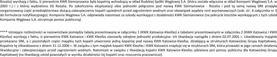 Po zakończeniu eksploatacji obie jednostki połączono pod nazwą KWK Siemianowice - Rozalia i pod tą samą nazwą SRK przejęła zorganizowaną część przedsiębiorstwa służącą zabezpieczeniu kopalń