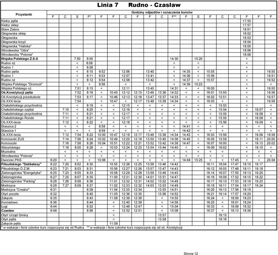 S 7:50 8:05 14:30 15:20 < Rudno nż < 8:08 < < < Rudno 1 < 8:09 < < < Rudno pętla < 8:10 9:52 12:06 13:40 < 14:35 < 15:55 < 19.50 Rudno 1 < 8:11 9:53 12:07 13:41 < 14:36 < 15:56 < 19.