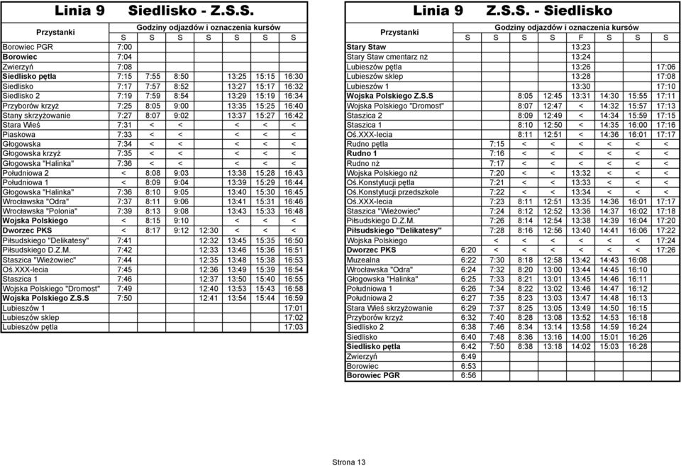 S. Linia 9 Z.S.S. - Siedlisko S S S S S S S S S S S F S S S Borowiec PGR 7:00 Stary Staw 13:23 Borowiec 7:04 Stary Staw cmentarz nż 13:24 Zwierzyń 7:08 Lubieszów pętla 13:26 17:06 Siedlisko pętla