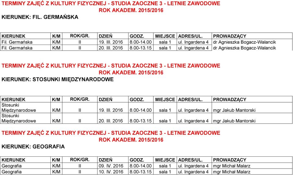 Ingardena 4 mgr Jakub Mantorski Stosunki Międzynarodowe K/M II 20. III. 2016 8.00-13.15 sala 1 ul.