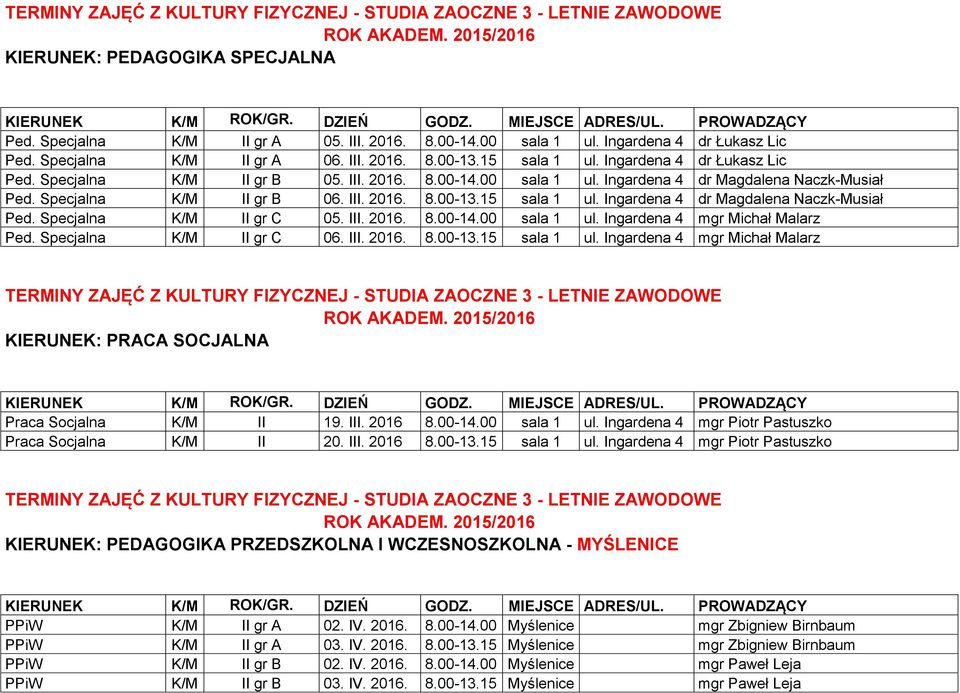 Ingardena 4 dr Magdalena Naczk-Musiał Ped. Specjalna K/M II gr C 05. III. 2016. 8.00-14.00 sala 1 ul. Ingardena 4 mgr Michał Malarz Ped. Specjalna K/M II gr C 06. III. 2016. 8.00-13.15 sala 1 ul.