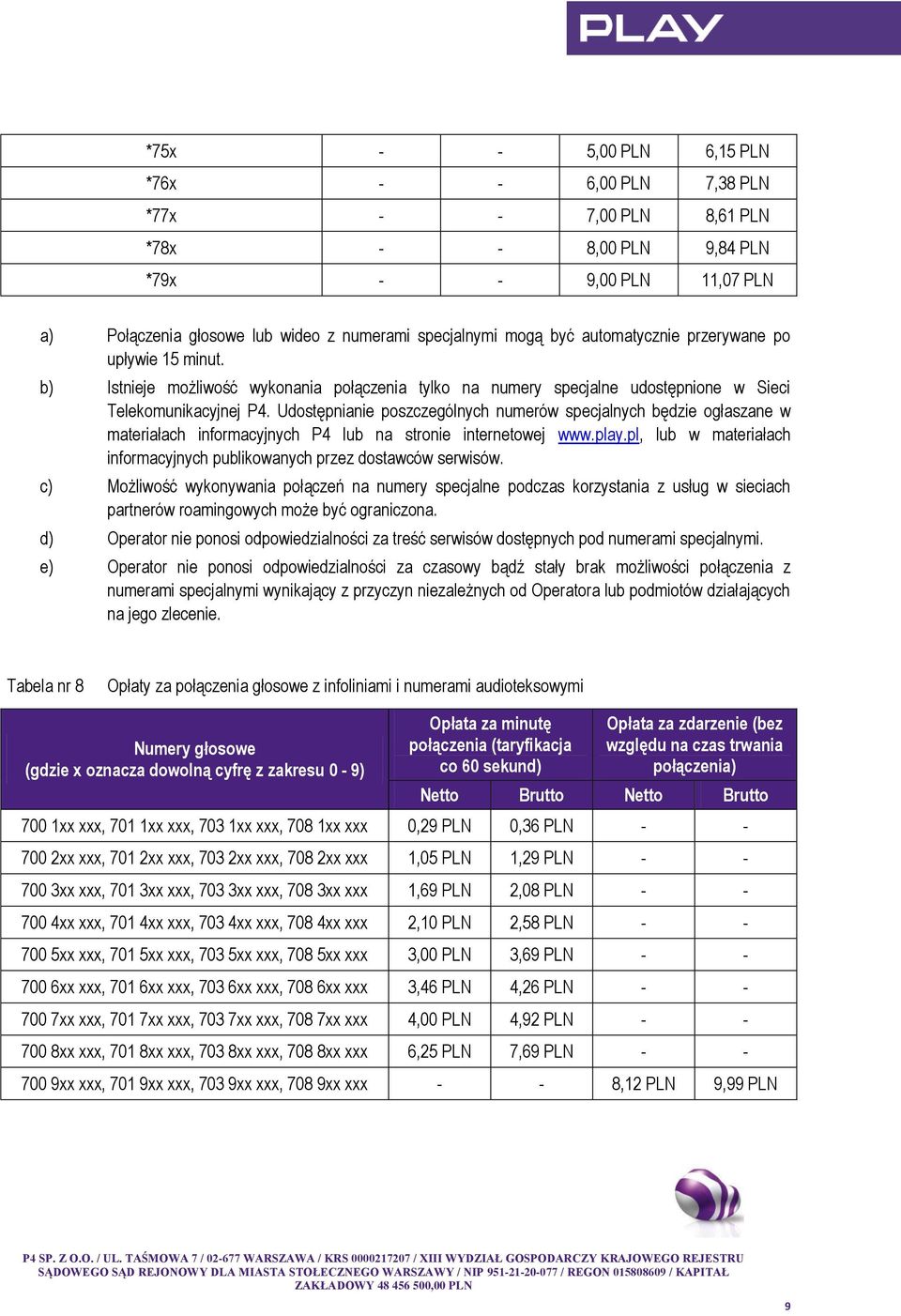 Udostępnianie poszczególnych numerów specjalnych będzie ogłaszane w materiałach informacyjnych P4 lub na stronie internetowej www.play.