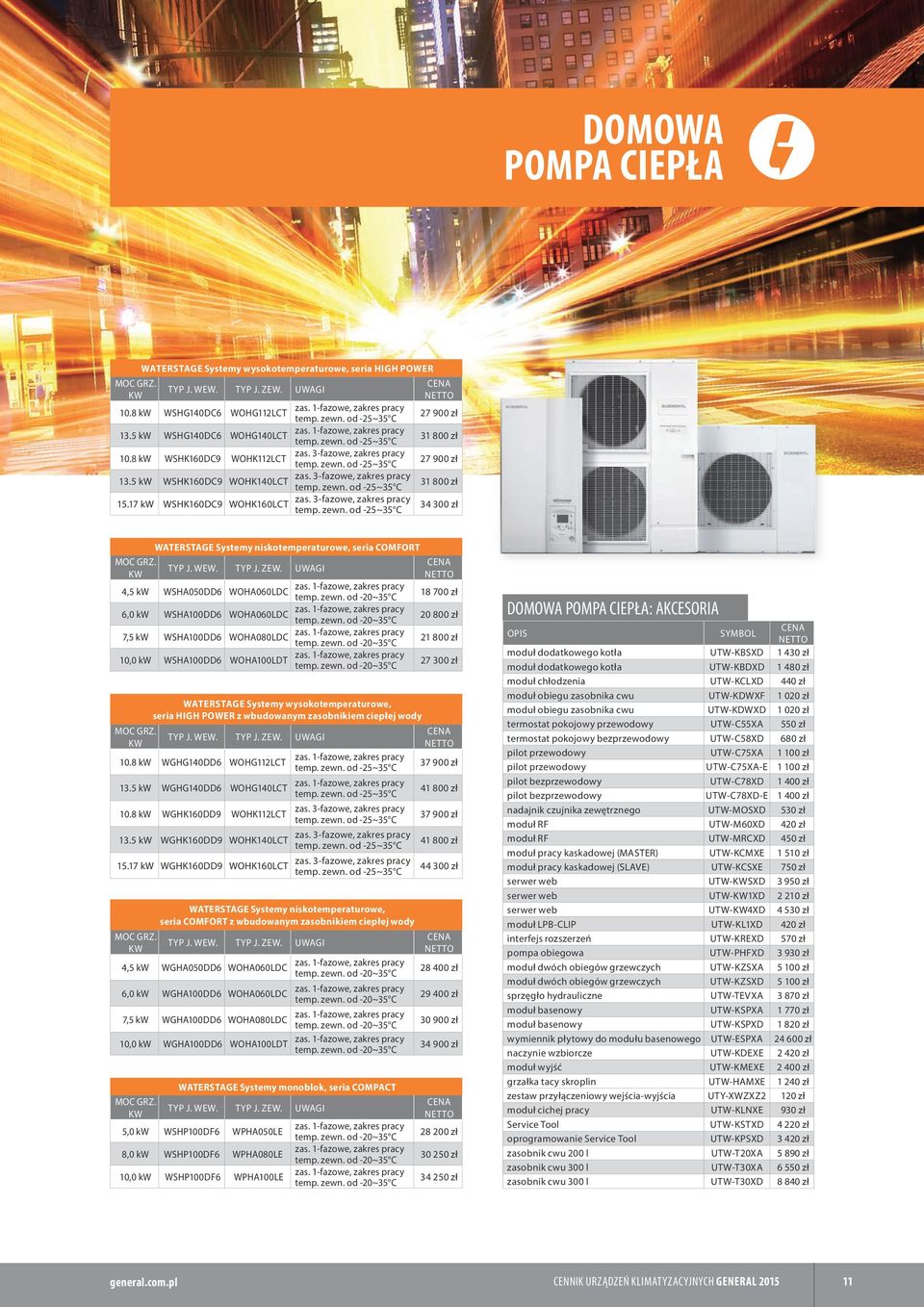 17 kw WSHK160DC9 WOHK160LCT zas. 3-fazowe, zakres pracy 34 300 zł MOC GRZ. KW WATERSTAGE Systemy niskotemperaturowe, seria COMFORT MOC GRZ. KW TYP J. WEW. TYP J. ZEW.