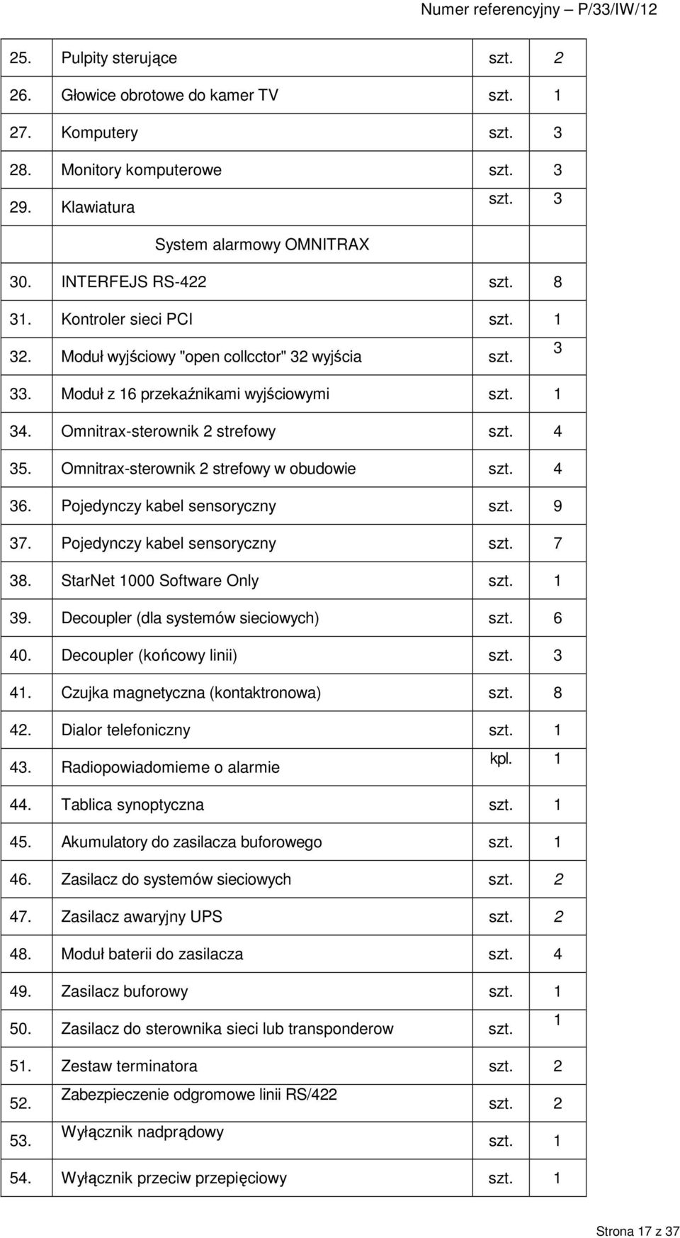 Omnitrax-sterownik 2 strefowy w obudowie szt. 4 36. Pojedynczy kabel sensoryczny szt. 9 37. Pojedynczy kabel sensoryczny szt. 7 38. StarNet 1000 Software Only szt. 1 39.