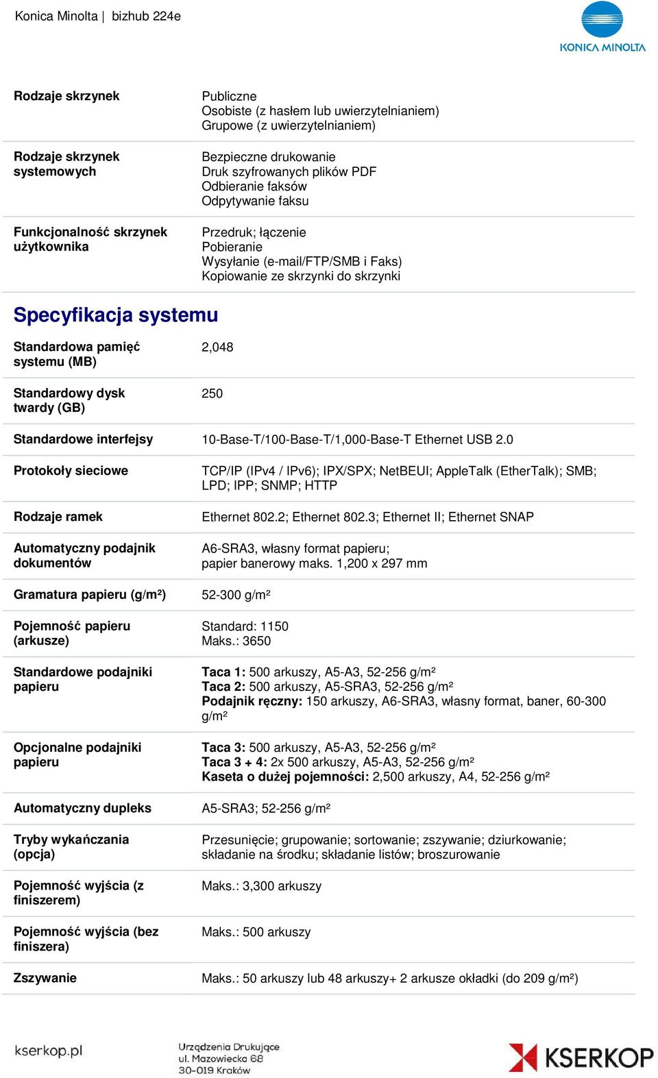 systemu (MB) Standardowy dysk twardy (GB) 2,048 250 Standardowe interfejsy 10-Base-T/100-Base-T/1,000-Base-T Ethernet USB 2.