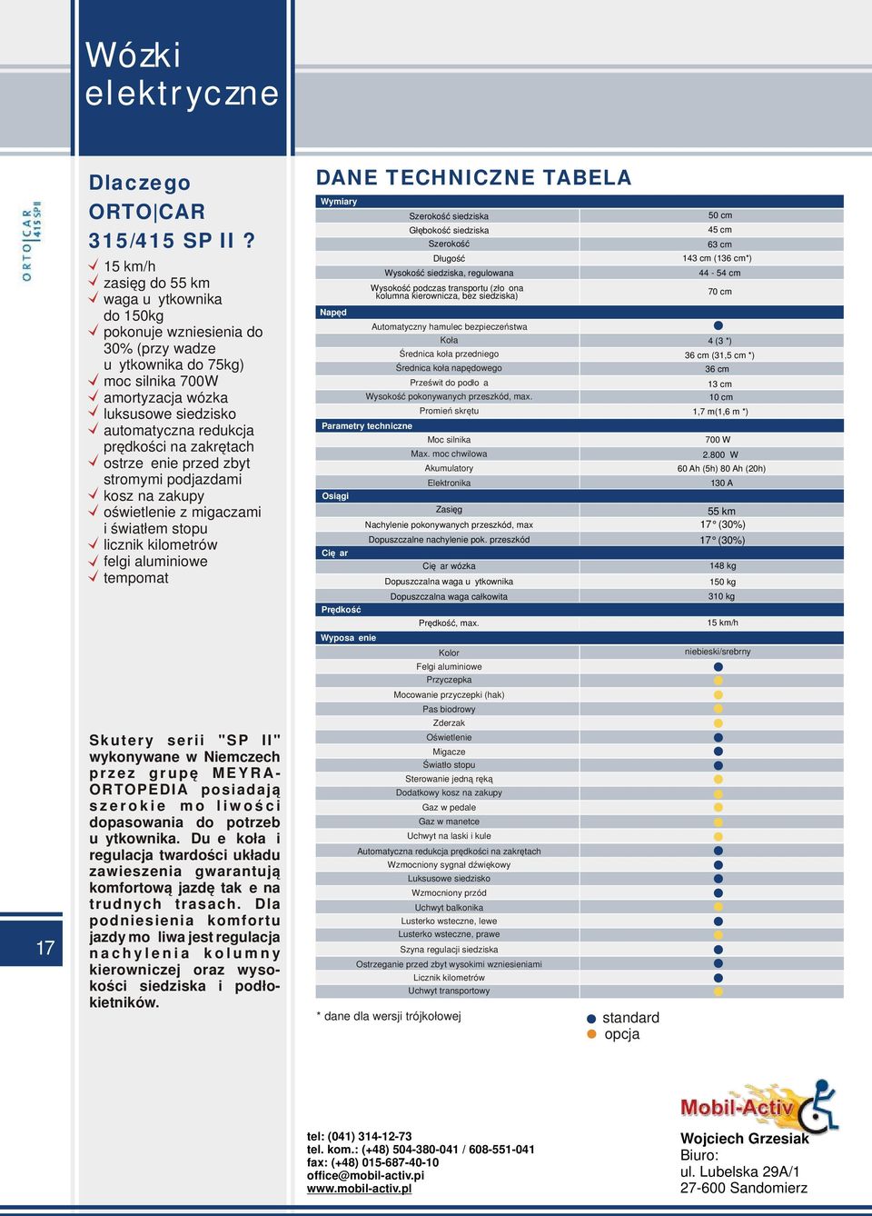 na zakrętach ostrzeżenie przed zbyt stromymi podjazdami kosz na zakupy oświetlenie z migaczami i światłem stopu licznik kilometrów felgi aluminiowe tempomat DANE TECHNICZNE TABELA Wymiary Napęd