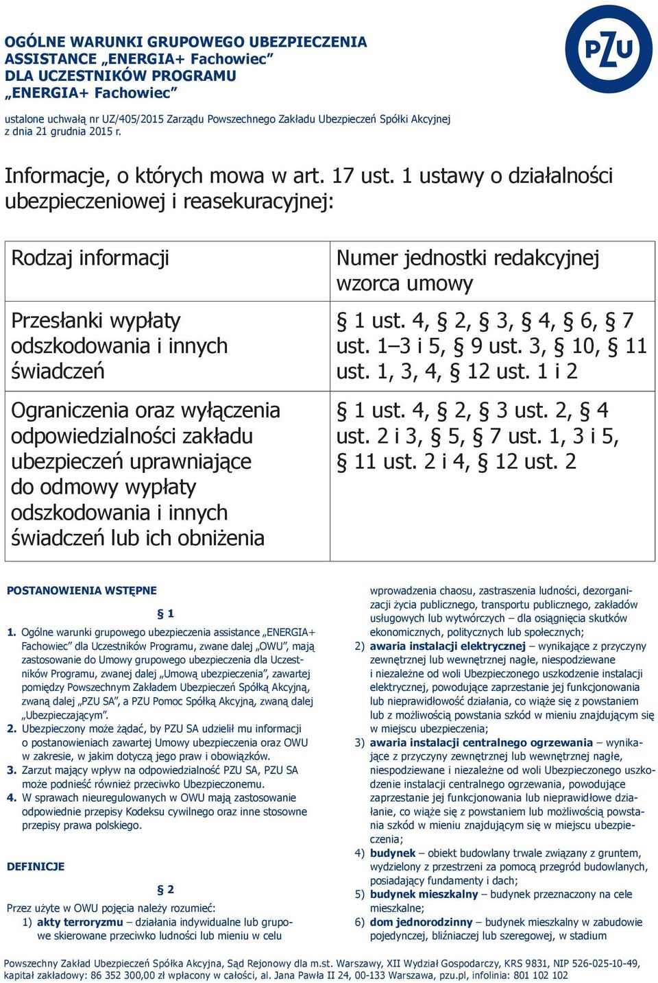 1 ustawy o działalności ubezpieczeniowej i reasekuracyjnej: Rodzaj informacji Przesłanki wypłaty odszkodowania i innych świadczeń Ograniczenia oraz wyłączenia odpowiedzialności zakładu ubezpieczeń