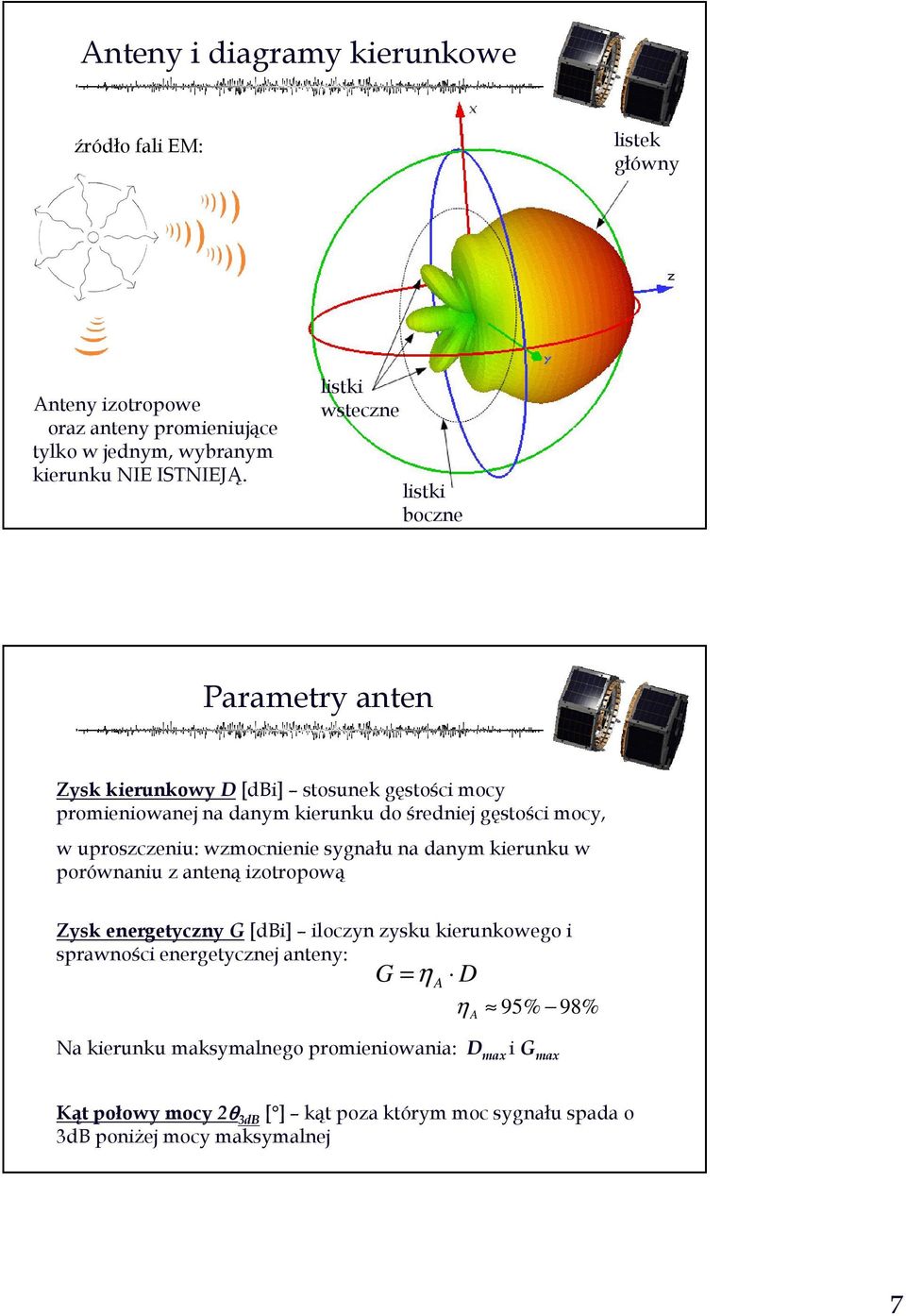 uproszczeniu: wzmocnienie sygnału na danym kierunku w porównaniu z anteną izotropową Zysk energetyczny G [dbi] iloczyn zysku kierunkowego i sprawności